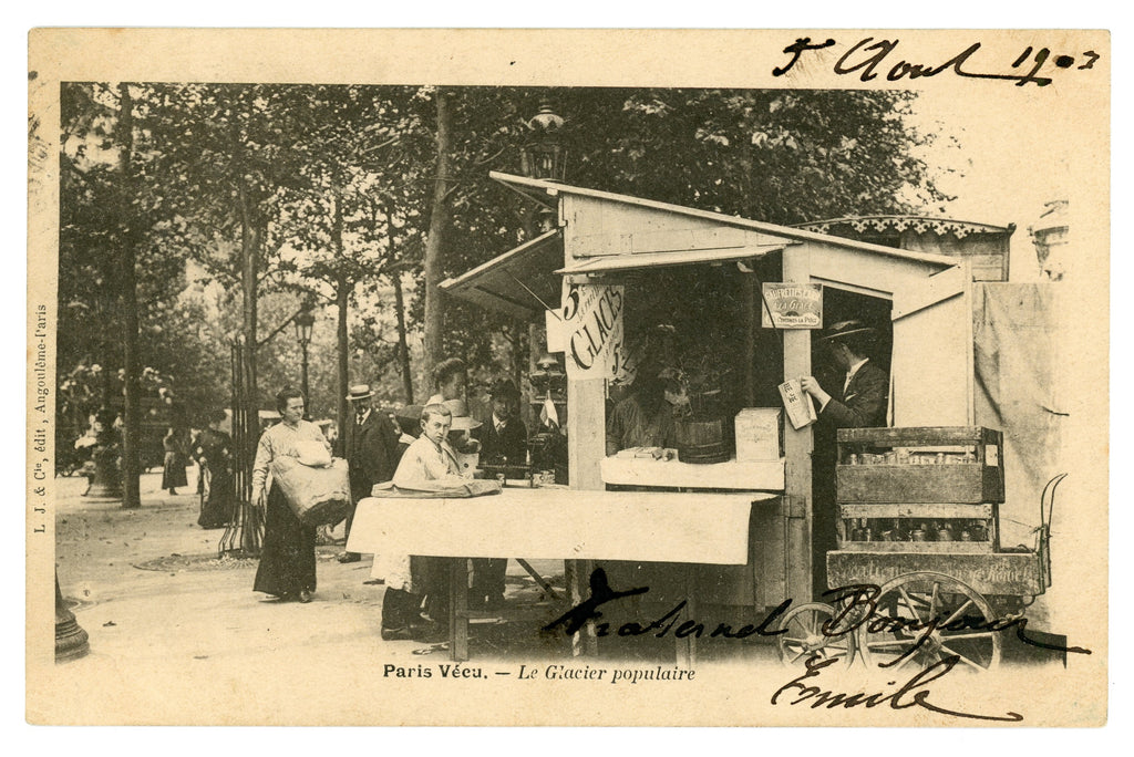 Paris Vécu – Le Glacier populaire (Popular Ice Cream Kiosk) – Antique French Postcard