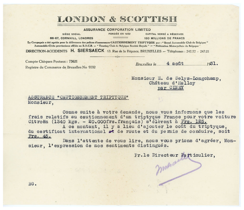 1931 Citroën Automobile Insurance Letter – Selys Longchamps Archive