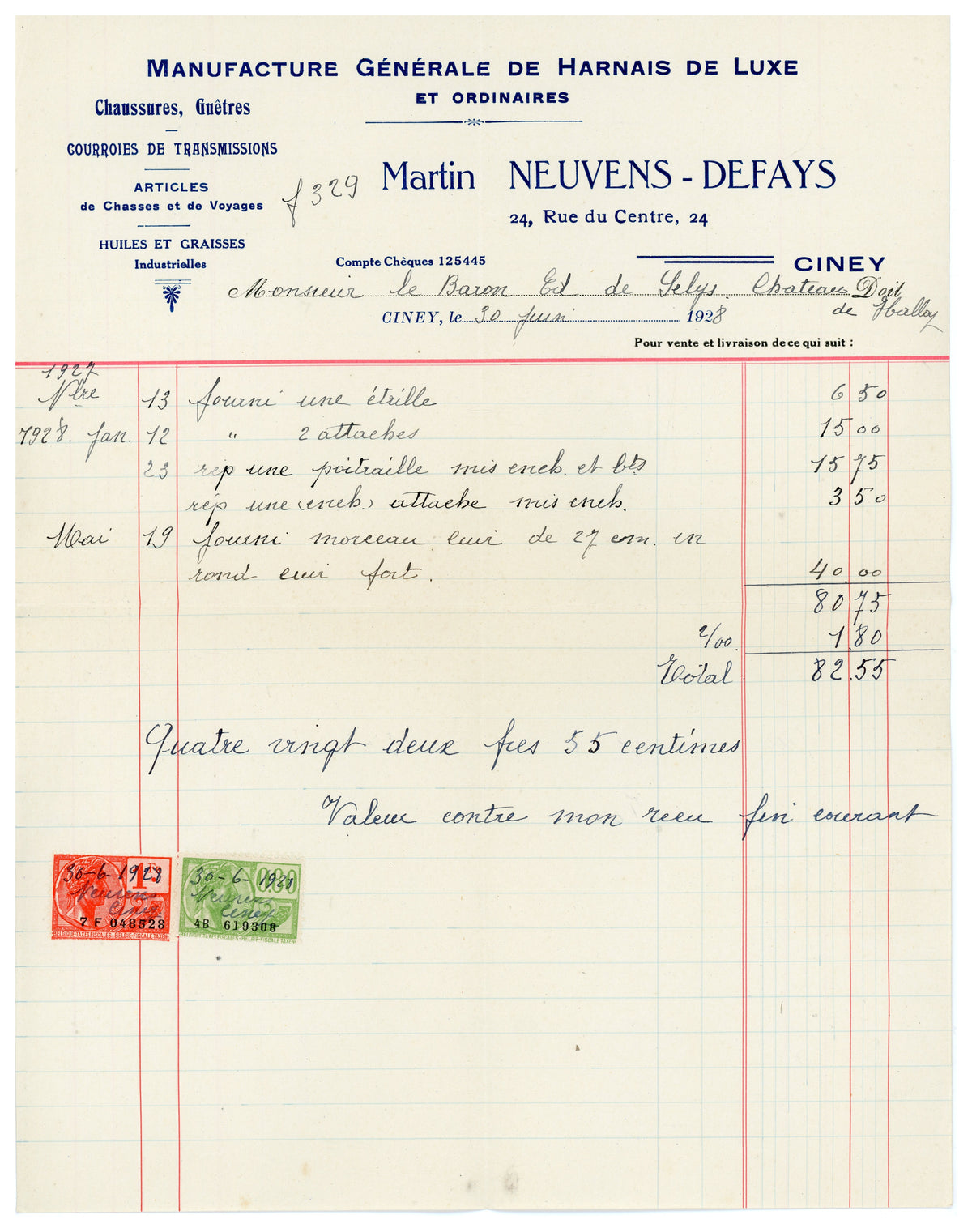 1928 Harness Maker Invoice & Envelope – Selys Longchamps Archive