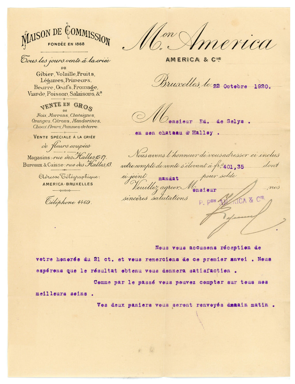 1920 Brussels Game Market Letter & Auction Invoice – Selys Longchamps Archive