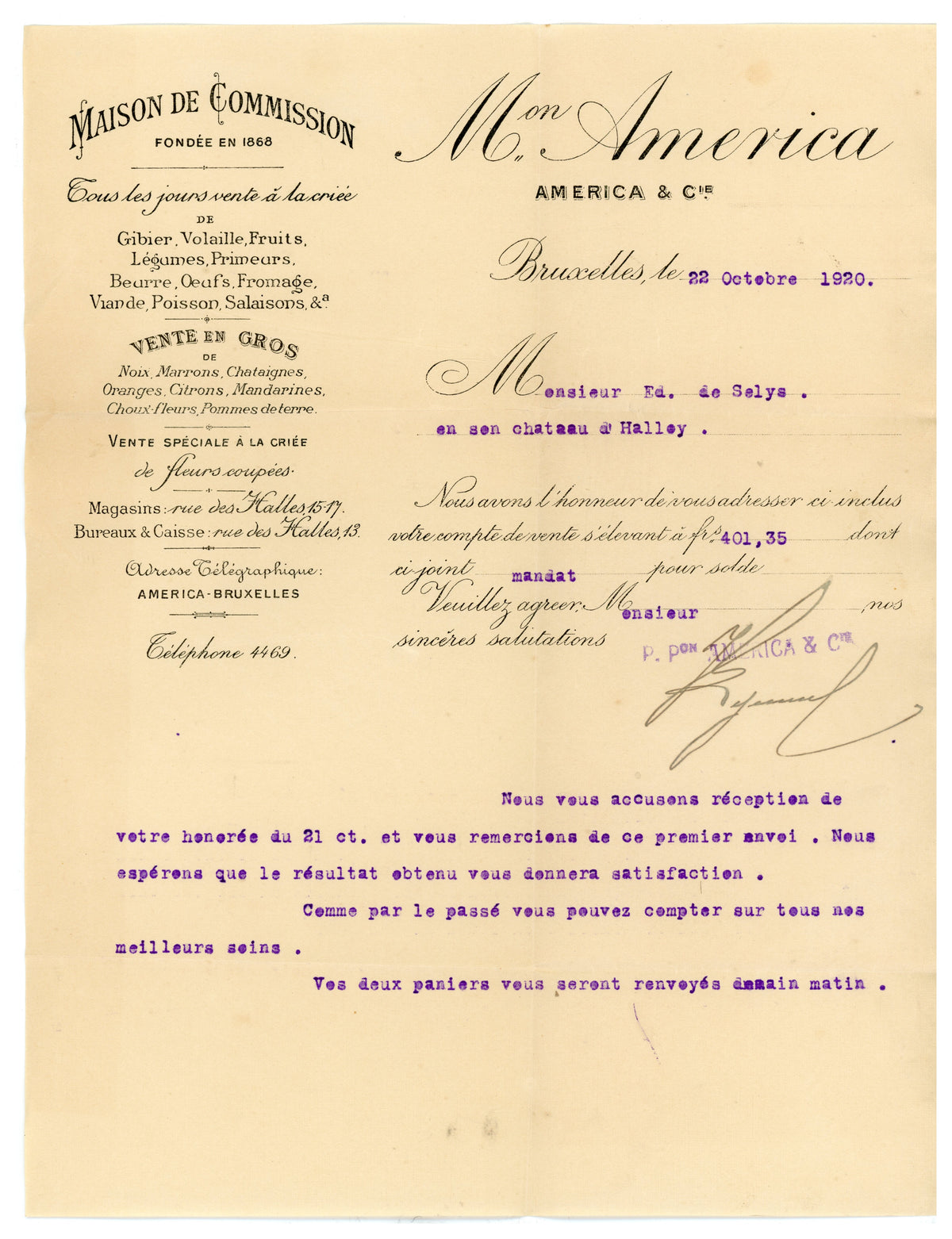 1920 Brussels Game Market Letter & Auction Invoice – Selys Longchamps Archive