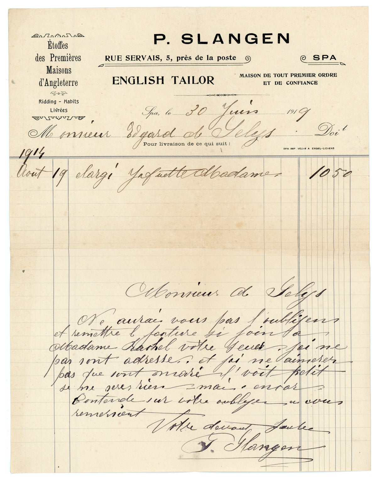 1919 English Tailor Invoice from Spa – P. Slangen – Selys Longchamps Archive