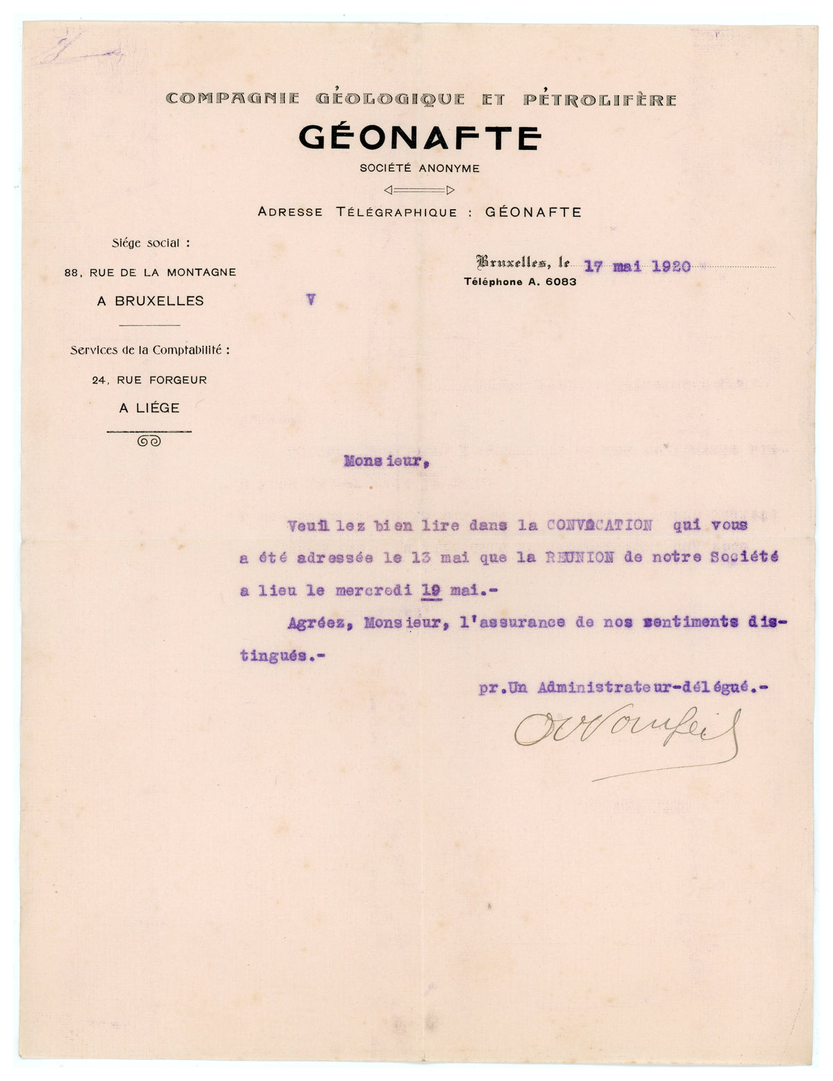 1920 Géonafte Geological & Petroleum Company Letter – Selys Longchamps Archive