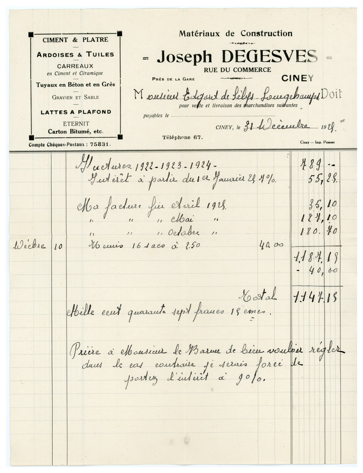 1928 Construction Materials Account – Joseph Degesves Ciney – Selys Longchamps Archive