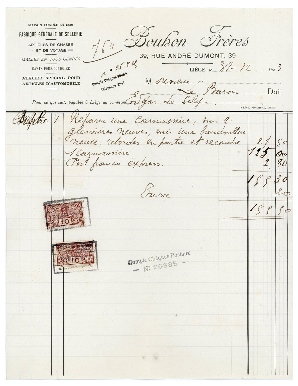 1923 Bouhon Frères Saddlery Invoice – Selys Longchamps Archive