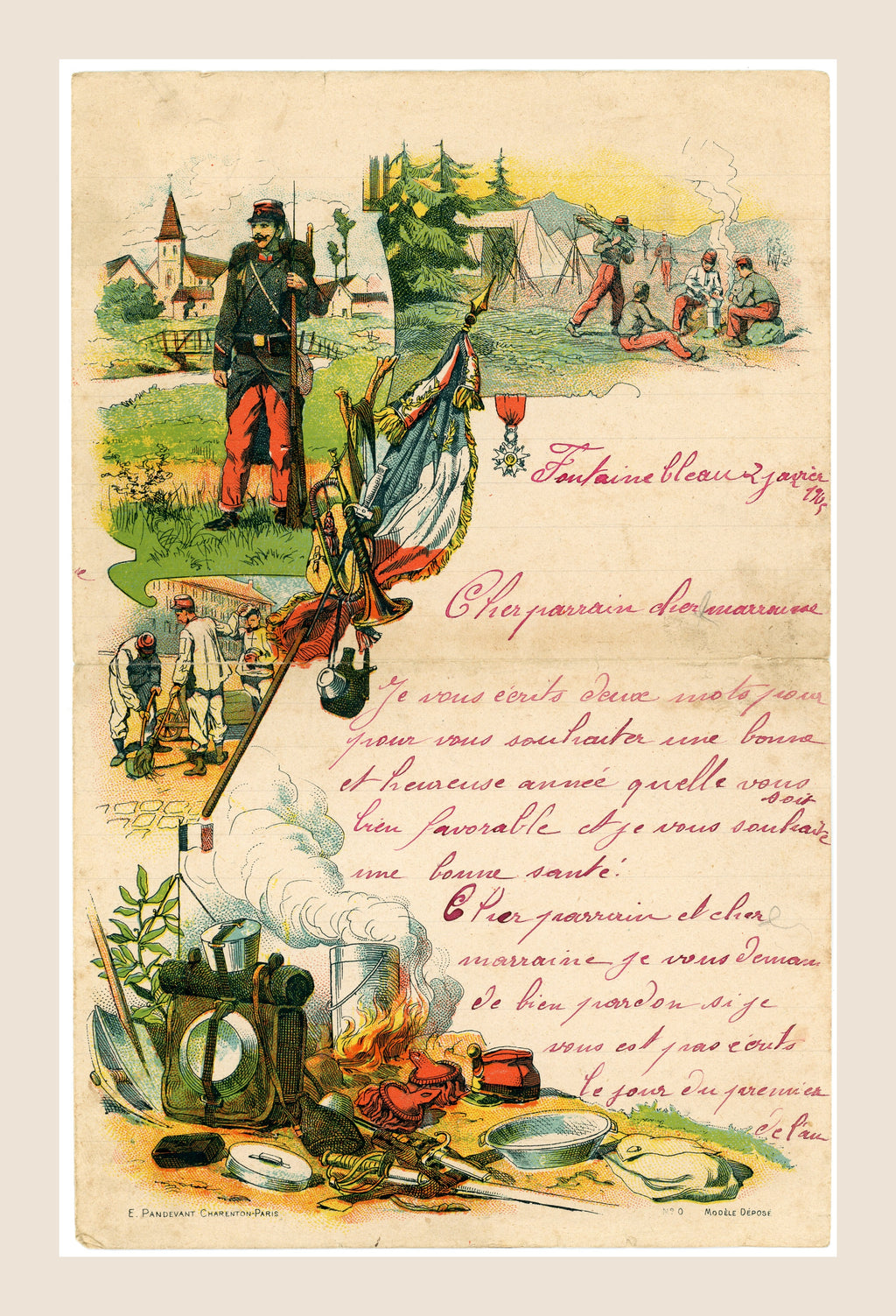 1905 French Soldier Letter – Fontainebleau – Illustrated Military Stationery
