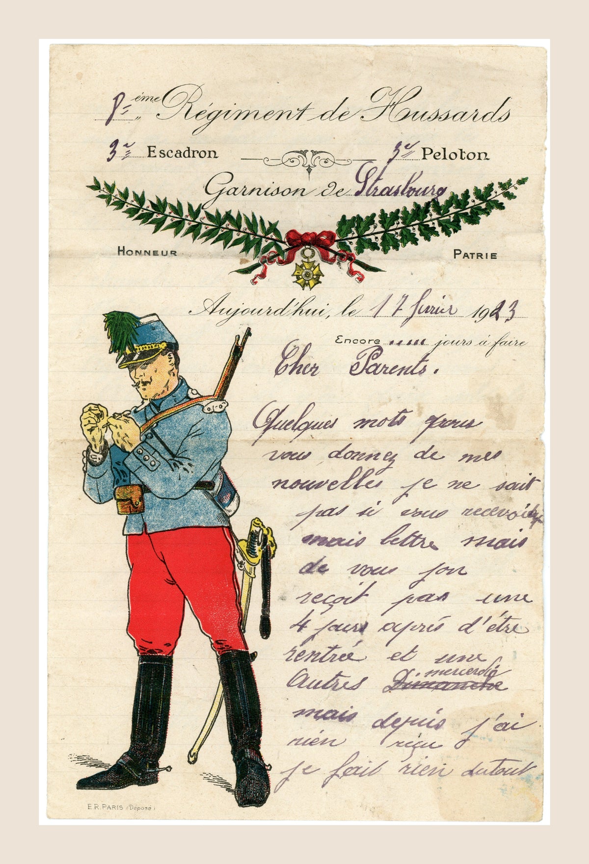 1913 French 7th Hussars Letter – Illustrated Strasbourg Military Stationery