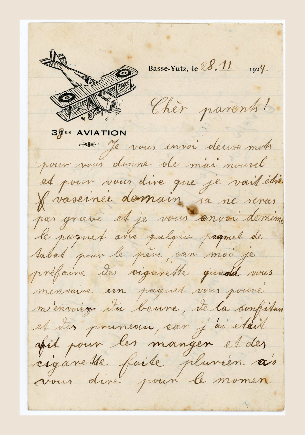 1924 French Military Aviation Letter – Basse-Yutz – Henri Bourguignon