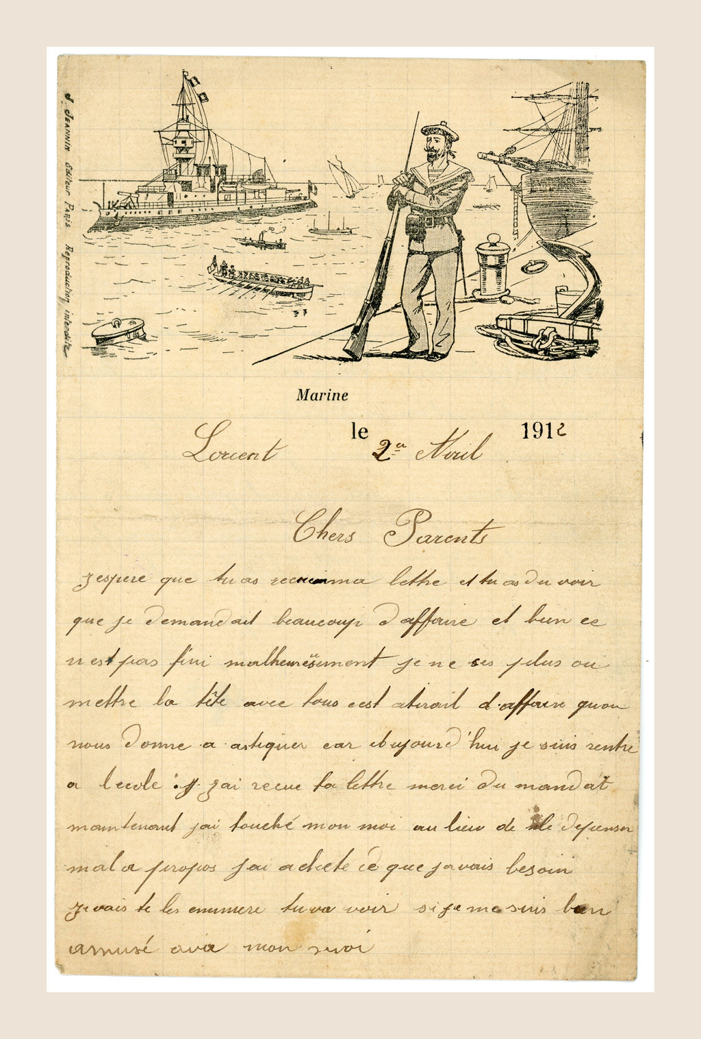 1912 French Naval Letter – Lorient – Illustrated “Marine” Stationery