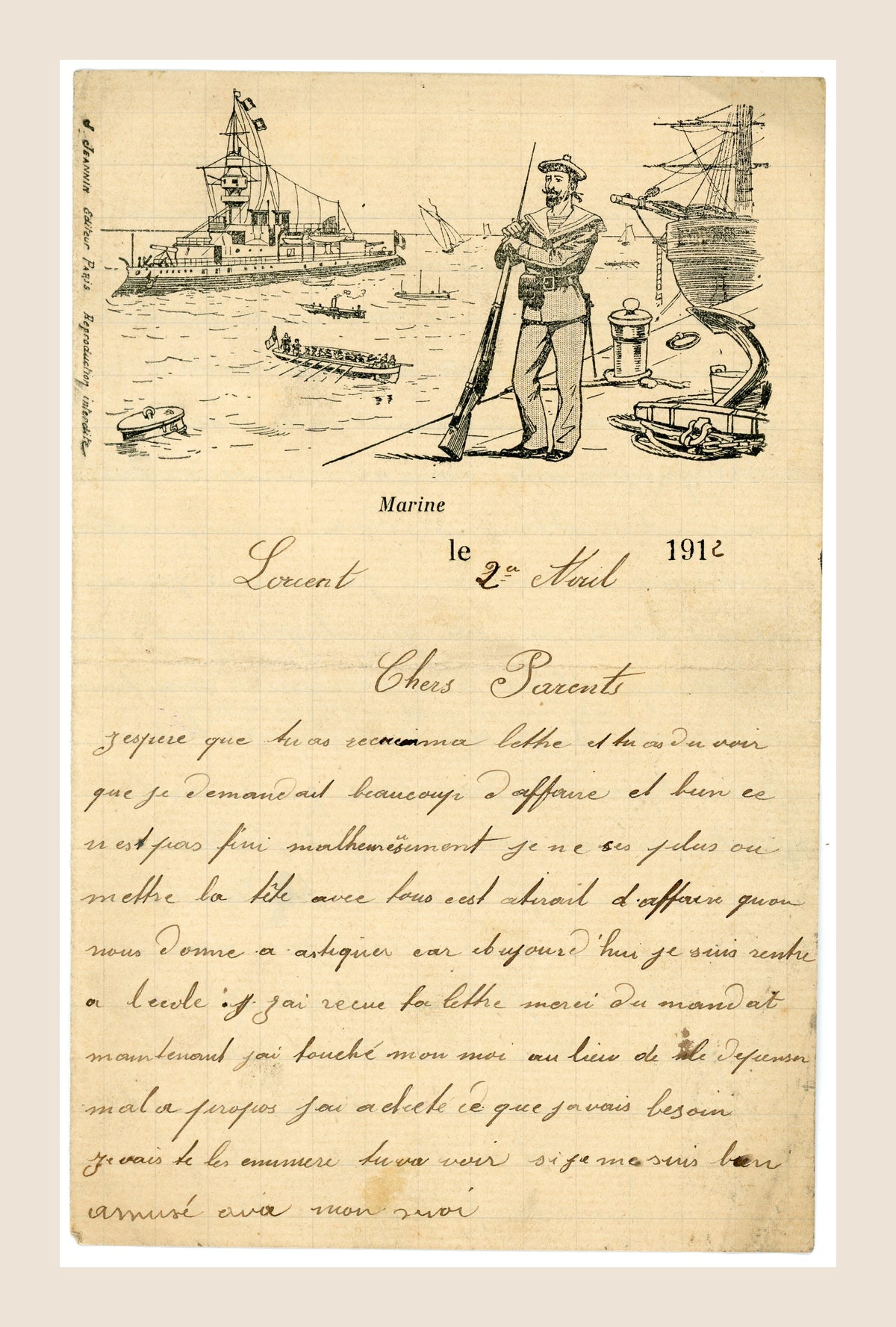 1912 French Naval Letter – Lorient – Illustrated “Marine” Stationery