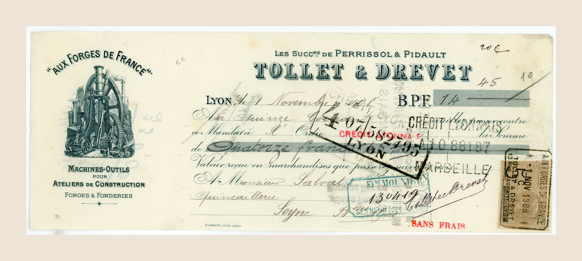 1908 French bill of exchange by Tollet & Drevet, Lyon, with industrial letterhead, bank stamps and fiscal stamp