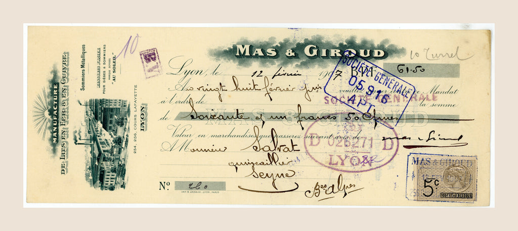 1907 French bill of exchange by Mas & Giroud, Lyon, with illustrated factory letterhead, handwritten entries, bank stamps and fiscal stamp
