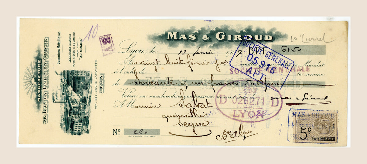 1907 French bill of exchange by Mas & Giroud, Lyon, with illustrated factory letterhead, handwritten entries, bank stamps and fiscal stamp