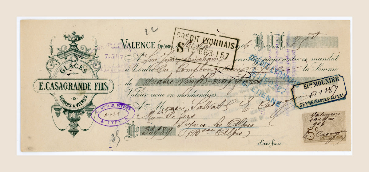 1906 French bill of exchange by E. Casagrande Fils, Valence, with handwritten entries, bank stamps and fiscal stamp