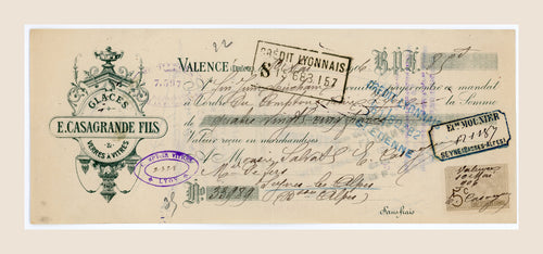 1906 French bill of exchange by E. Casagrande Fils, Valence, with handwritten entries, bank stamps and fiscal stamp