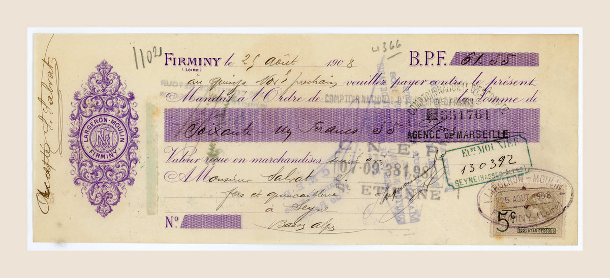 1908 French bill of exchange by Largeron-Moulin, Firminy, with purple ornate letterhead, bank stamps and fiscal stamp