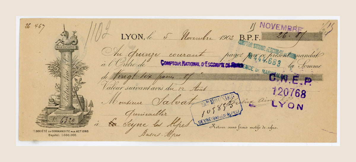 1902 French bill of exchange from Lyon with À la Licorne unicorn letterhead, handwritten entries and historic bank stamps