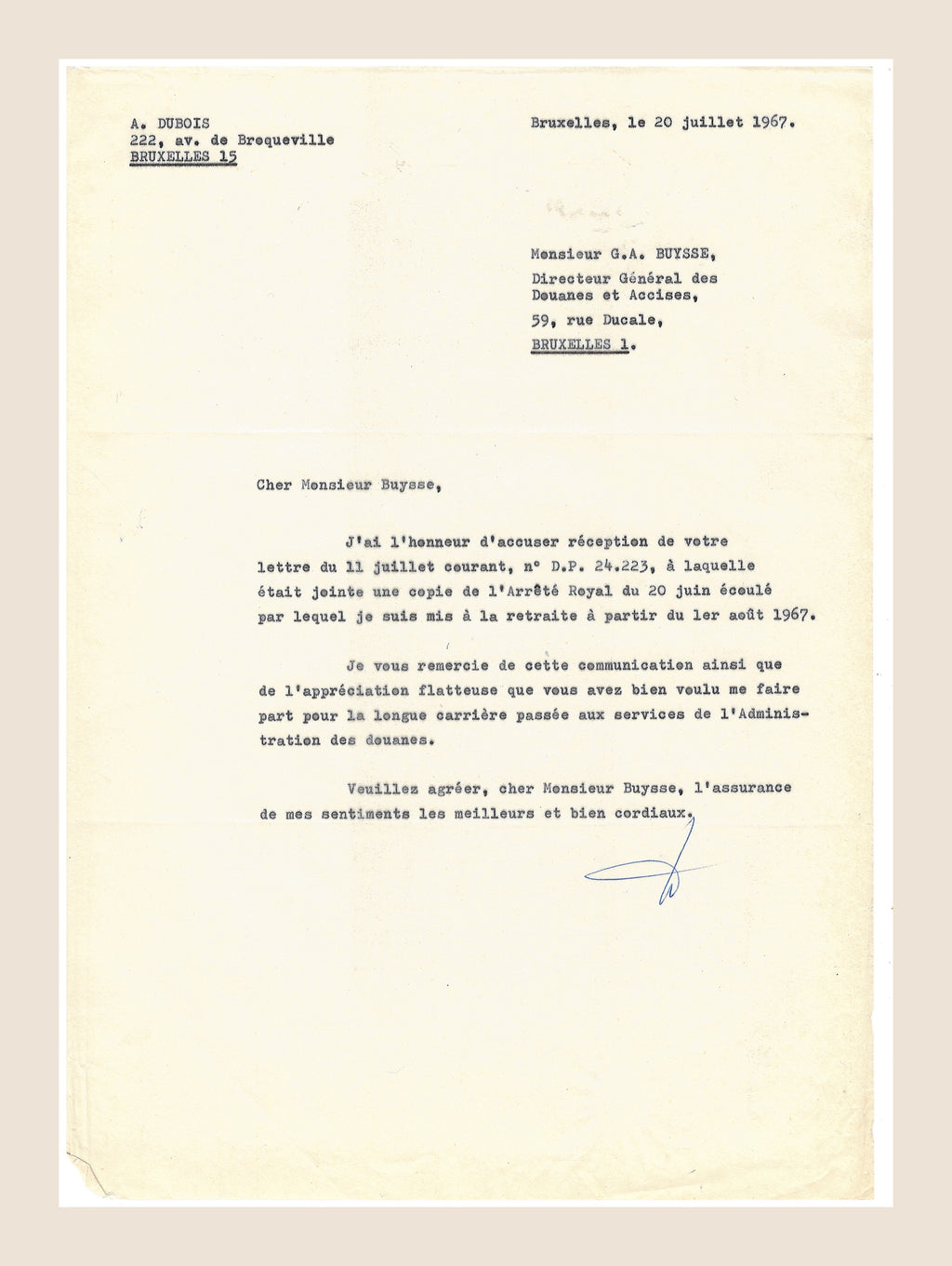 Signed 20 July 1967 letter from Alexis Dubois thanking G Buyse following his retirement from Belgian Customs