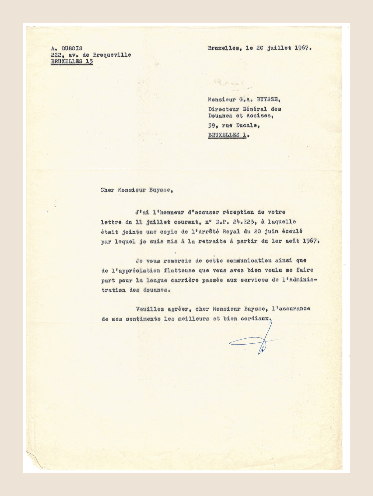 Signed 20 July 1967 letter from Alexis Dubois thanking G Buyse following his retirement from Belgian Customs