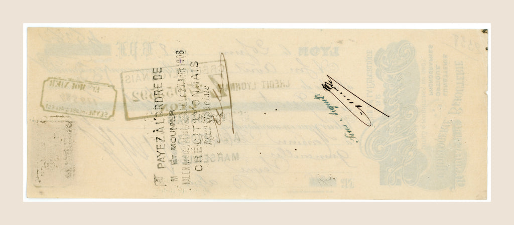 Reverse of 1908 French bill of exchange from Lyon with handwritten endorsements, signatures and historic banking stamps
