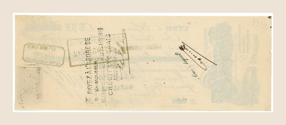 Reverse of 1908 French bill of exchange from Lyon with handwritten endorsements, signatures and historic banking stamps