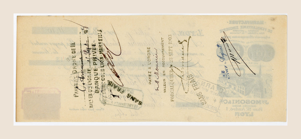 Reverse of 1903 French bill of exchange from J.H. Mosoni & Cie, Lyon, with handwritten endorsements and banking stamps