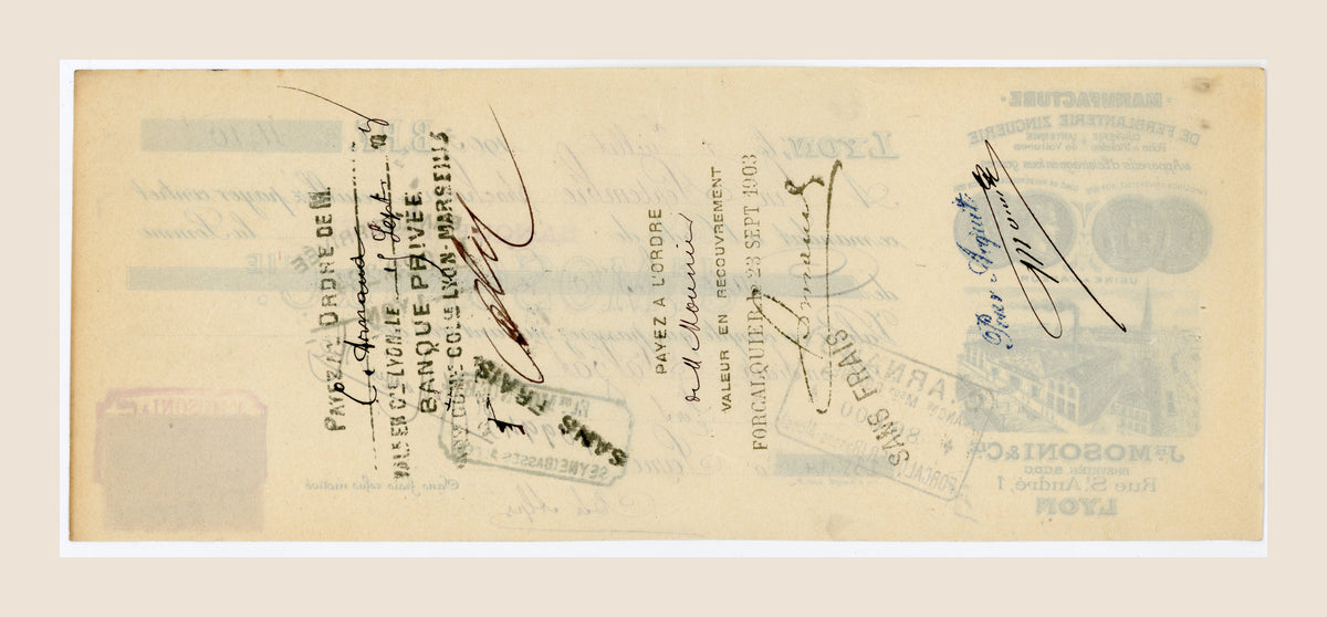 Reverse of 1903 French bill of exchange from J.H. Mosoni & Cie, Lyon, with handwritten endorsements and banking stamps