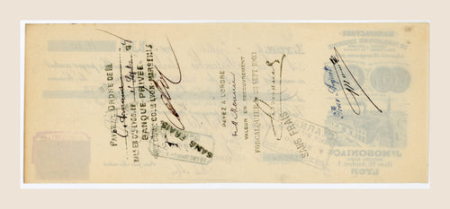 Reverse of 1903 French bill of exchange from J.H. Mosoni & Cie, Lyon, with handwritten endorsements and banking stamps