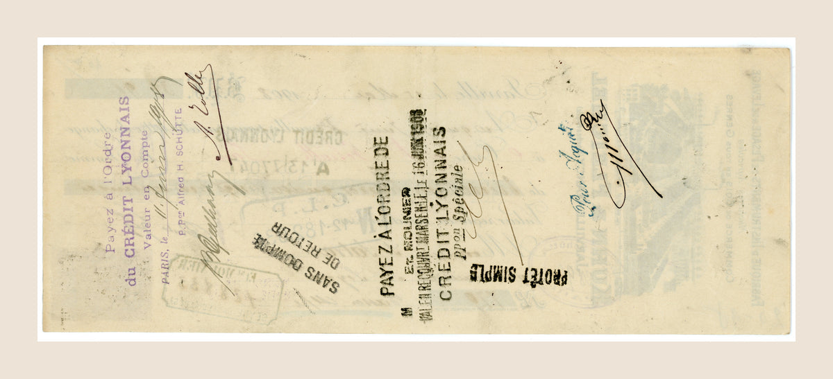 Reverse of 1908 French bill of exchange from Kuhn & Fleichel with handwritten endorsements and Crédit Lyonnais banking marks