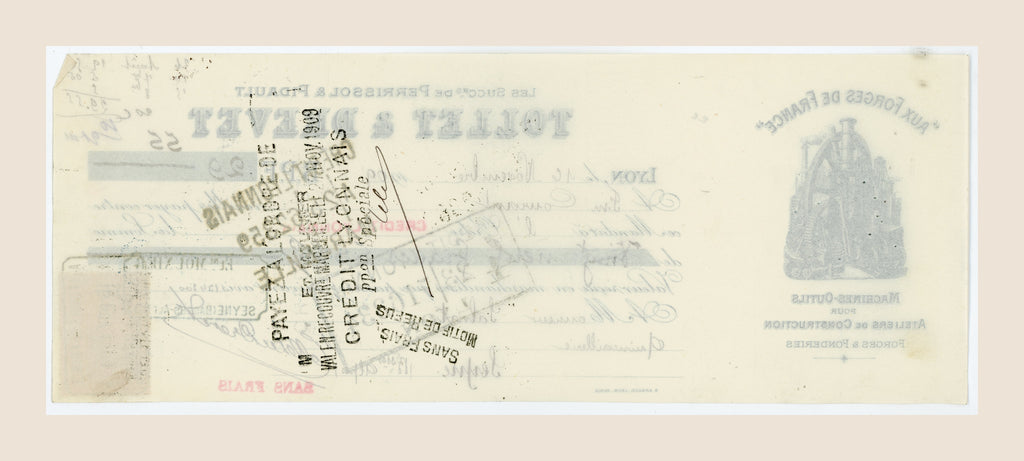 Reverse of 1909 French bill of exchange with handwritten endorsements and historic French bank processing stamps