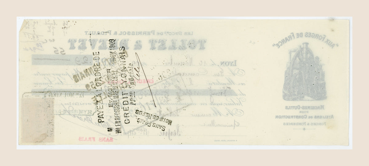 Reverse of 1909 French bill of exchange with handwritten endorsements and historic French bank processing stamps