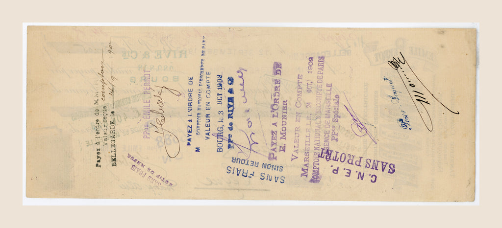 Reverse of original 1902 French bill of exchange by Emile Perrot, showing banking stamps and endorsements