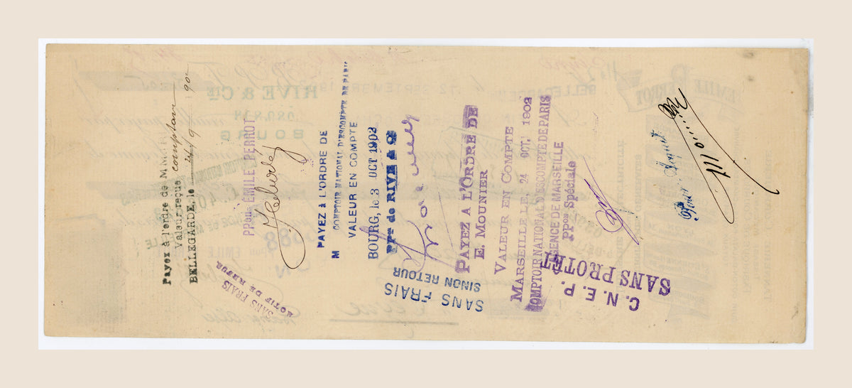 Reverse of original 1902 French bill of exchange by Emile Perrot, showing banking stamps and endorsements