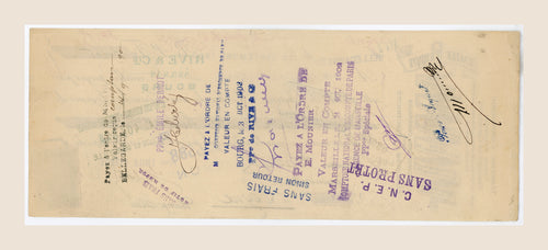 Reverse of original 1902 French bill of exchange by Emile Perrot, showing banking stamps and endorsements