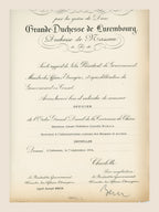 Official Luxembourg diploma appointing Alexis Dubois Officer of the Grand Ducal Order of the Oak Crown, dated 7 September 1954