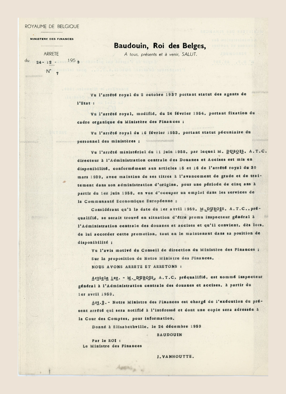 1959 Belgian royal decree appointing Alexis Theodore Camille Dubois Inspector General at the Central Administration of Customs and Excise
