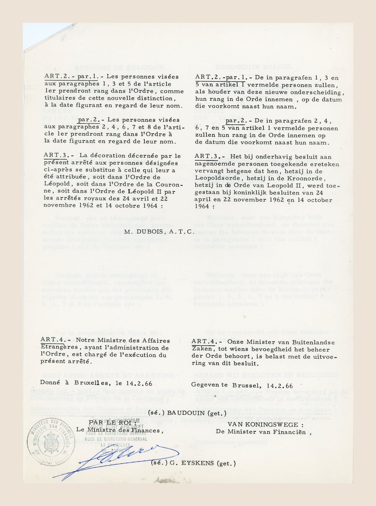 Belgian royal decree of 14 February 1966 promoting Alexis Dubois to Commander of the Order of the Crown