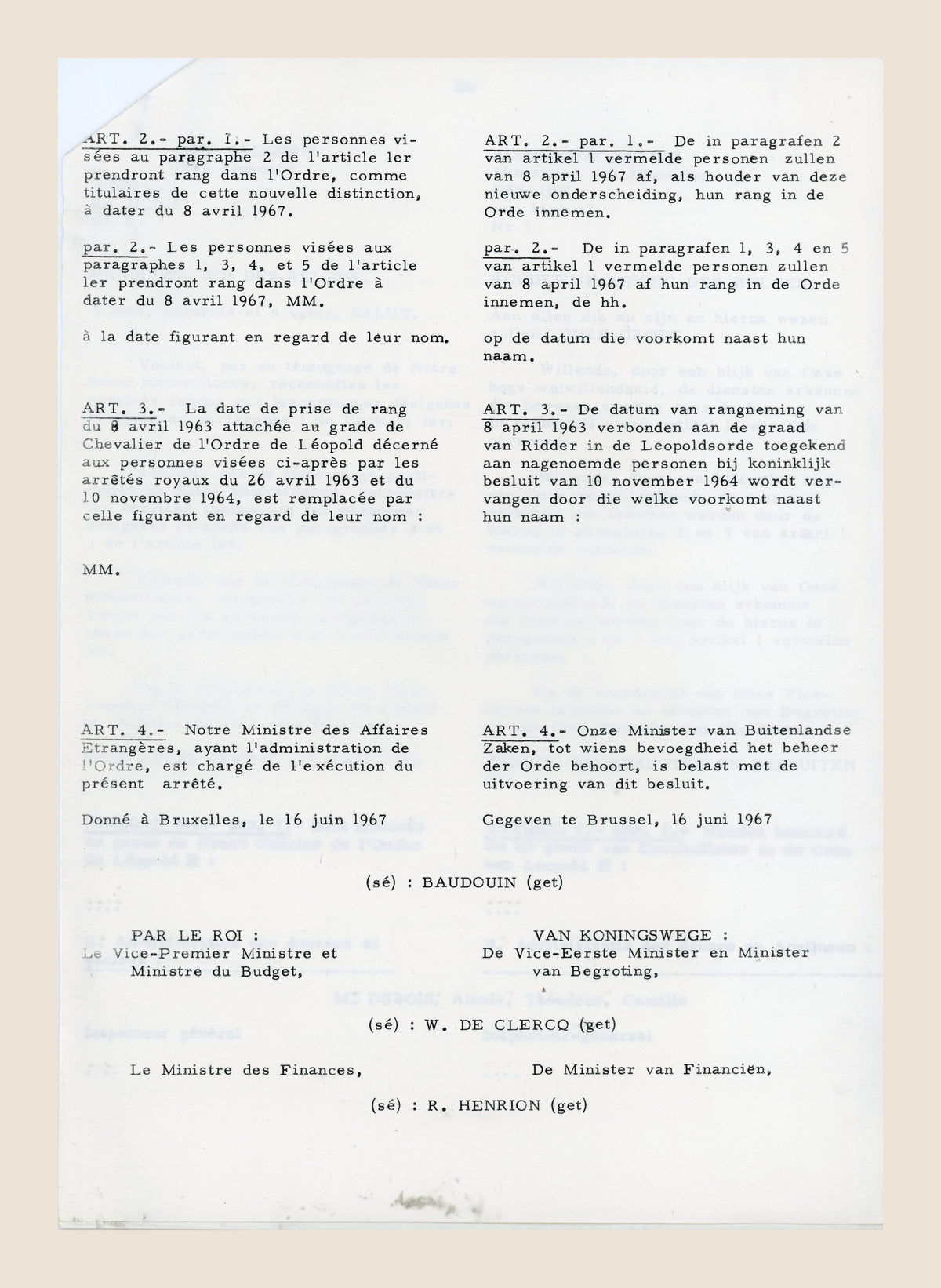 Belgian Royal Decree of 16 June 1967 appointing Alexis Dubois Grand Officer of the Order of Leopold II