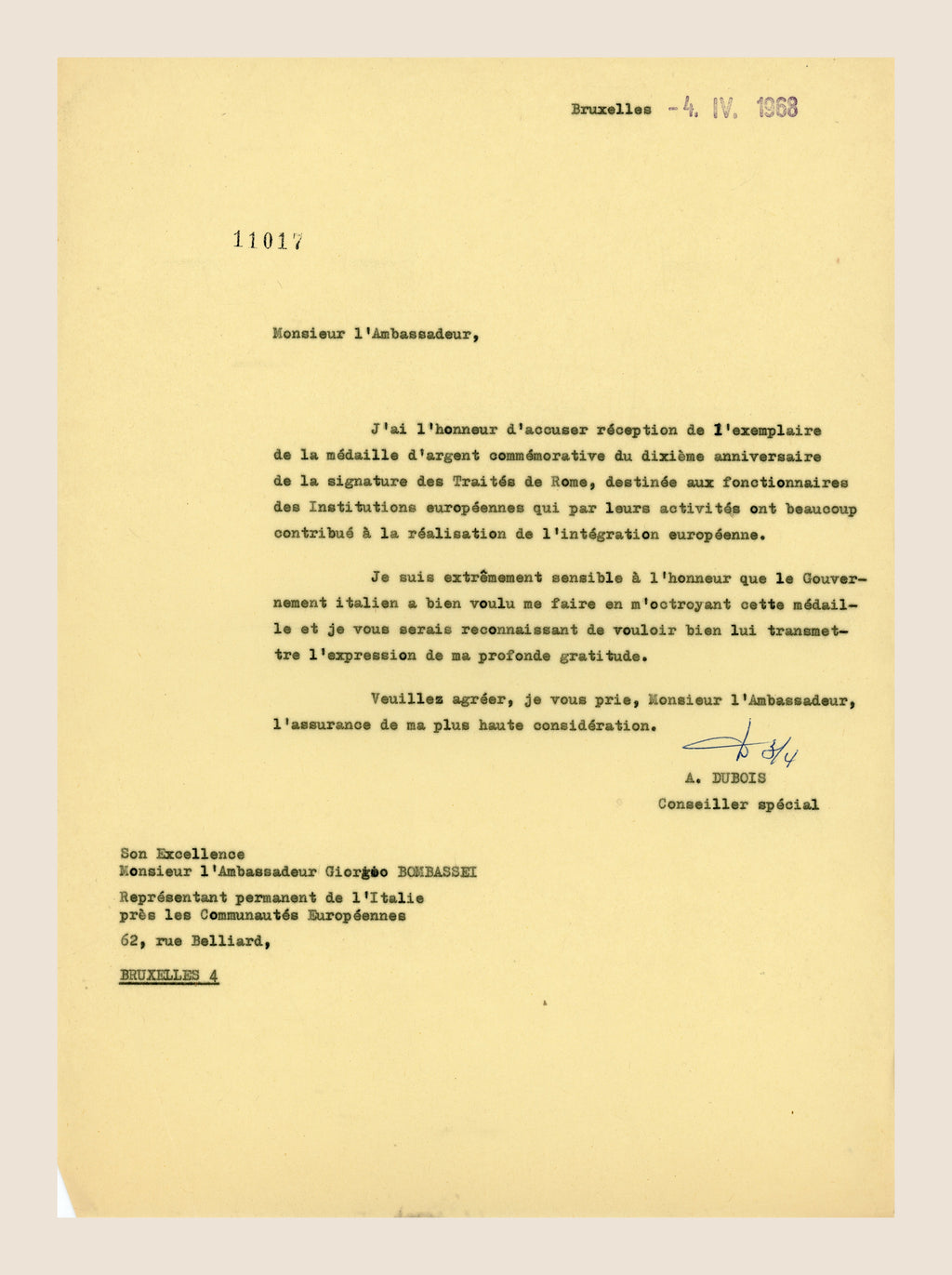 1. Signed 4 April 1968 letter from Alexis Dubois thanking Italy for the Treaty of Rome anniversary silver medal