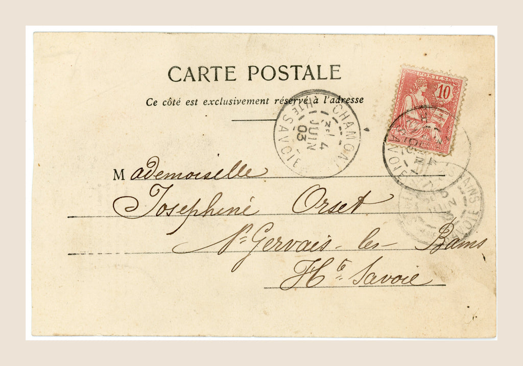 Reverse of a French Belle Époque postcard with handwritten address, red 10 centimes Semeuse stamp and Chamonix postmark dated 1903.