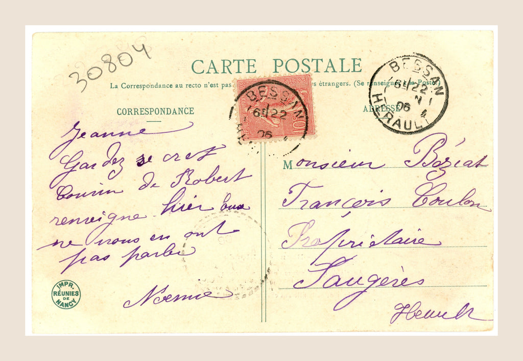 Reverse of antique Bergeret postcard Brune ou Blonde number 1, with violet handwritten correspondence, red 10 centimes French stamp and postal cancellations.