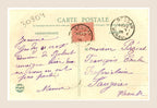 Reverse of antique Bergeret postcard Brune ou Blonde number 1, with violet handwritten correspondence, red 10 centimes French stamp and postal cancellations.