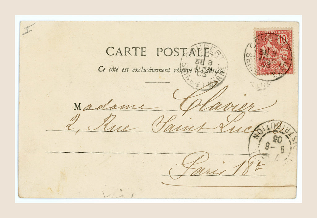 Reverse of Bergeret Les 4 Saisons Spring postcard with handwritten Paris address, red 10 centimes French postage stamp and September 1903 postmarks.
