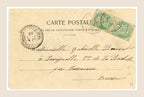 Reverse of Bergeret Five Senses Hearing postcard with handwritten French address, two green 5 centimes postage stamps and 1903 postal cancellations.