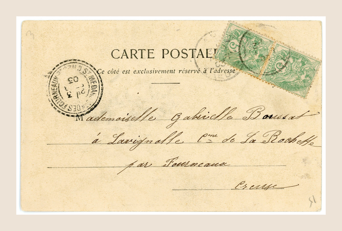 Reverse of Bergeret Five Senses Hearing postcard with handwritten French address, two green 5 centimes postage stamps and 1903 postal cancellations.