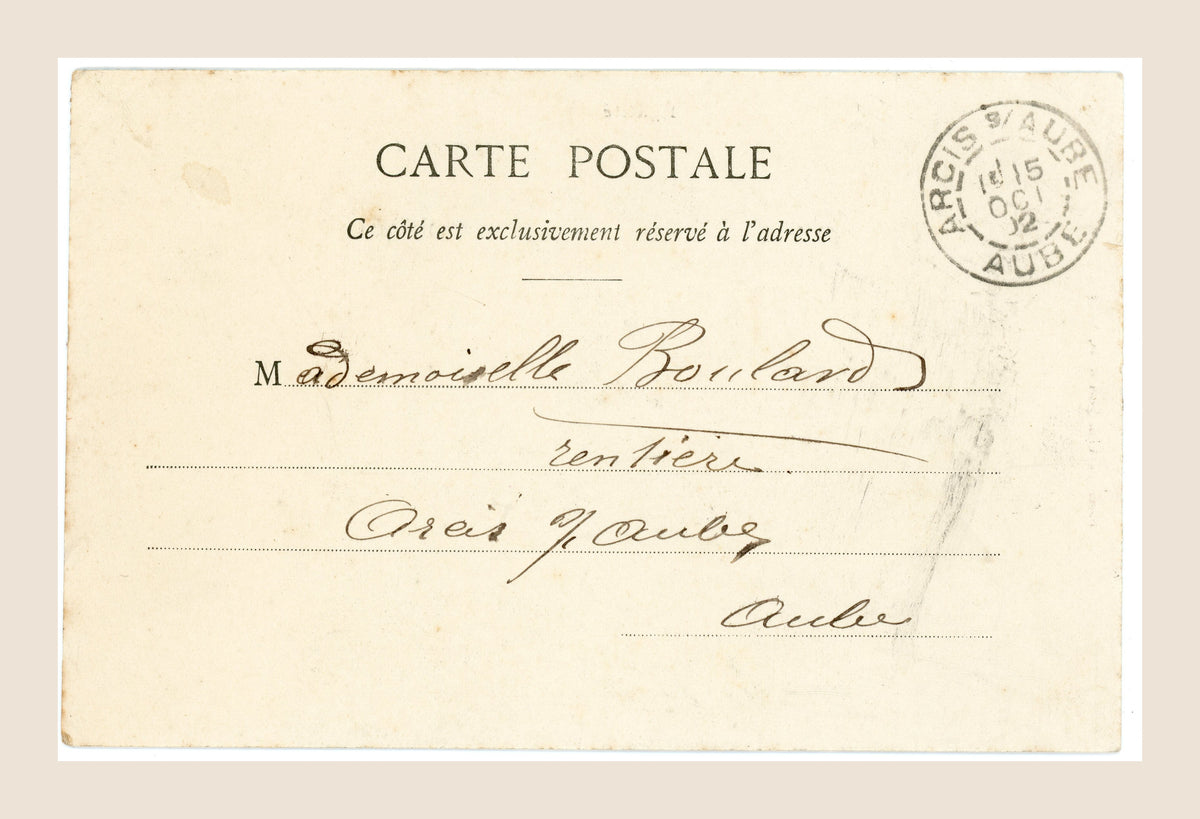 Reverse of Bergeret Égalité postcard with handwritten address to Mademoiselle Boulard in Aube and Troyes 1902 postal cancellation.