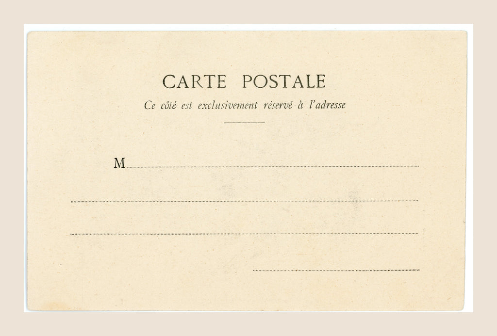 Albert Bergeret Le Petit Trottin postcard number 2 featuring a young fashion messenger walking in the rain beneath an umbrella, with blue tinted ribbons.