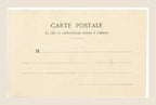 Albert Bergeret Le Petit Trottin postcard number 2 featuring a young fashion messenger walking in the rain beneath an umbrella, with blue tinted ribbons.