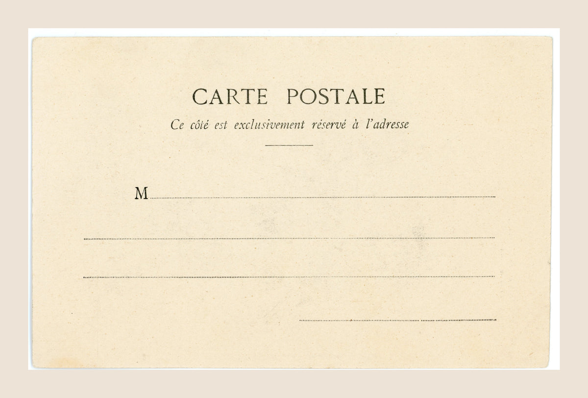 Albert Bergeret Le Petit Trottin postcard number 2 featuring a young fashion messenger walking in the rain beneath an umbrella, with blue tinted ribbons.