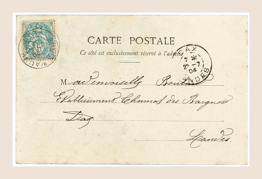 Reverse of Bergeret Grandmother's Bonnet postcard number 1 with green French 5 centimes stamp, Dax 1904 cancellation and handwritten address.